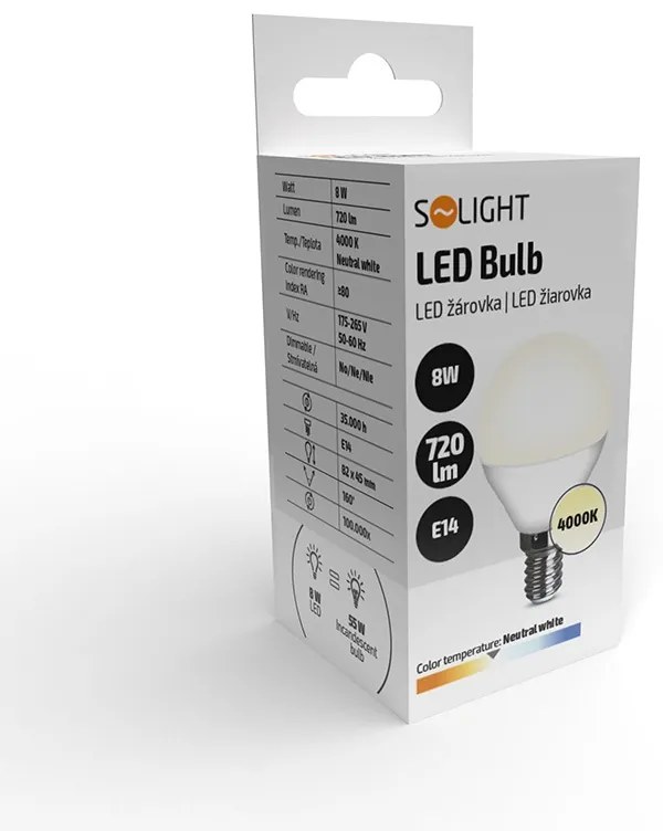 SOLIGHT LED žiarovka miniglobe matná P45 8W, E14, 4000K, 720lm