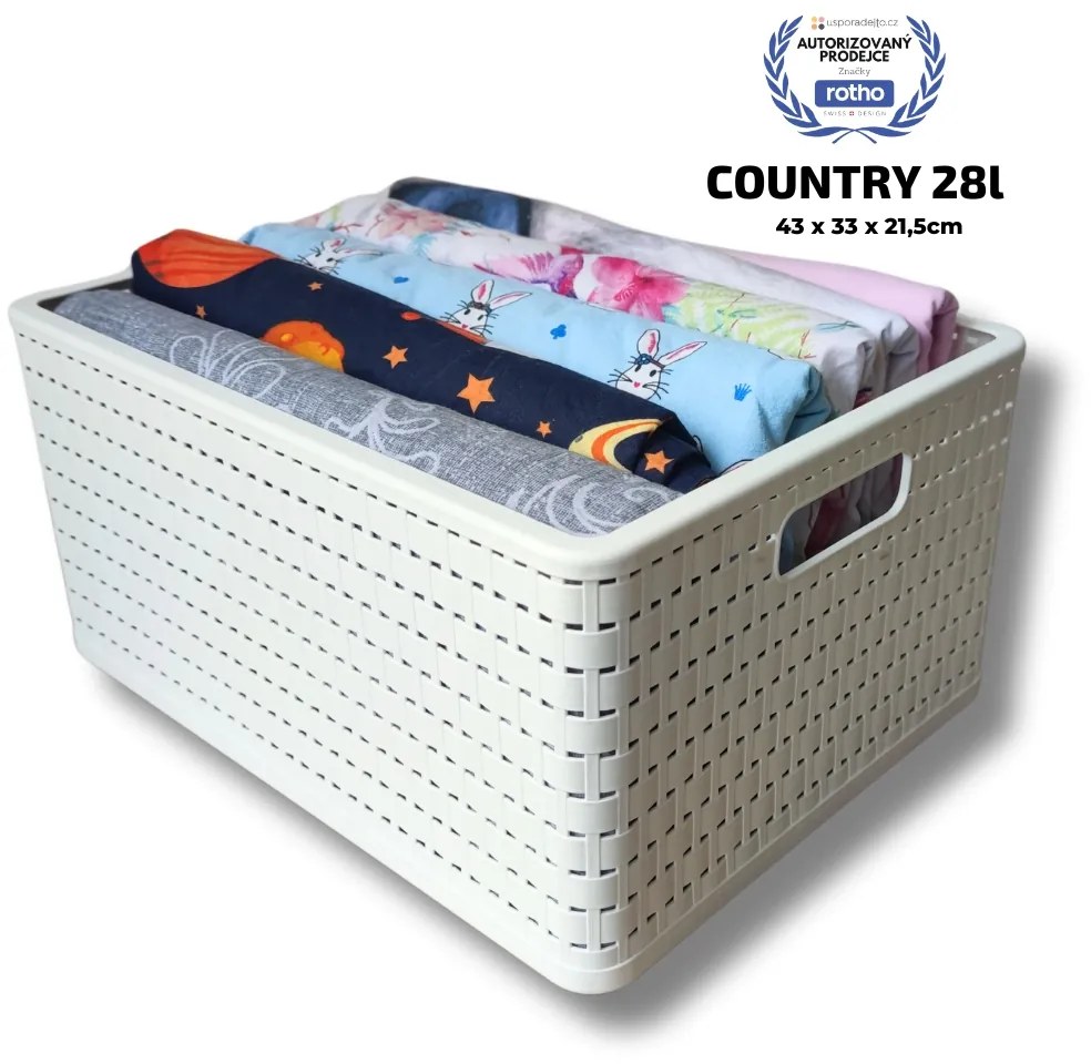 Rotho Plastový košík COUNTRY, rovný, bílý (28l - 43x33x22)
