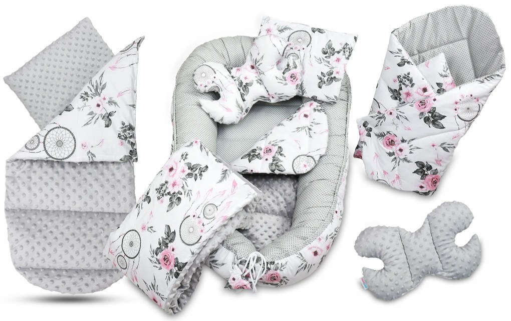 Obojstranné hniezdočko (kokon) pre bábätko - BABYMAM PREMIUM set 7v1 - Lapač snov so sivou Minky