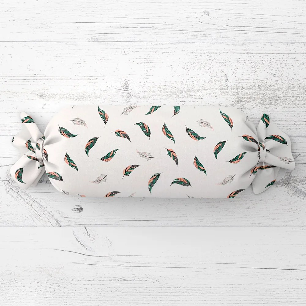 Biante Vankúš valec bonbon Sandra SA-460 Zeleno-ružové pierka na bielom 15x40 cm