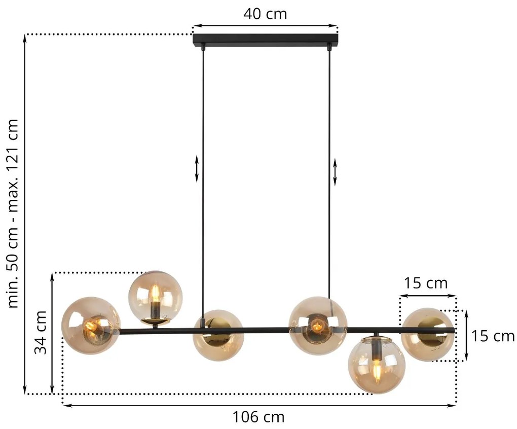 Závesne svietidlo Paris, 6x medové sklenené tienidlo, B/G