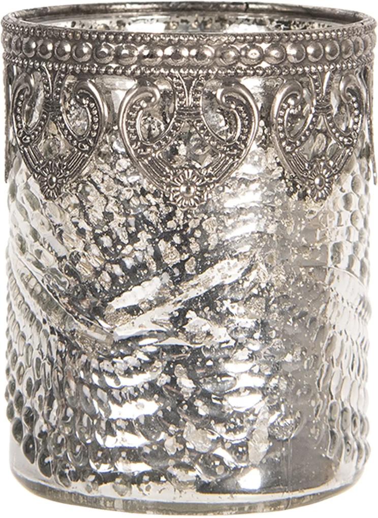 Sklenený strieborný svietnik na čajovú sviečku s kovovým zdobením - Ø 7 * 8 cm