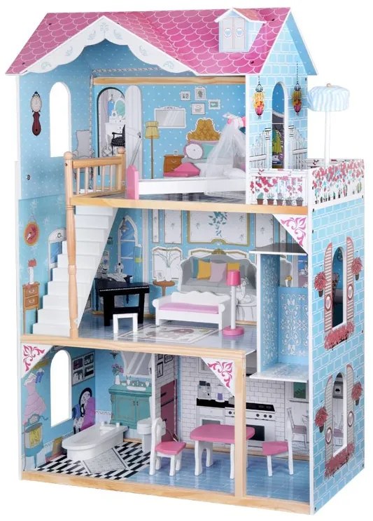 Jokomisiada Veľký drevený domček pre bábiky + drevený nábytok v pastelových farbách ZA5457