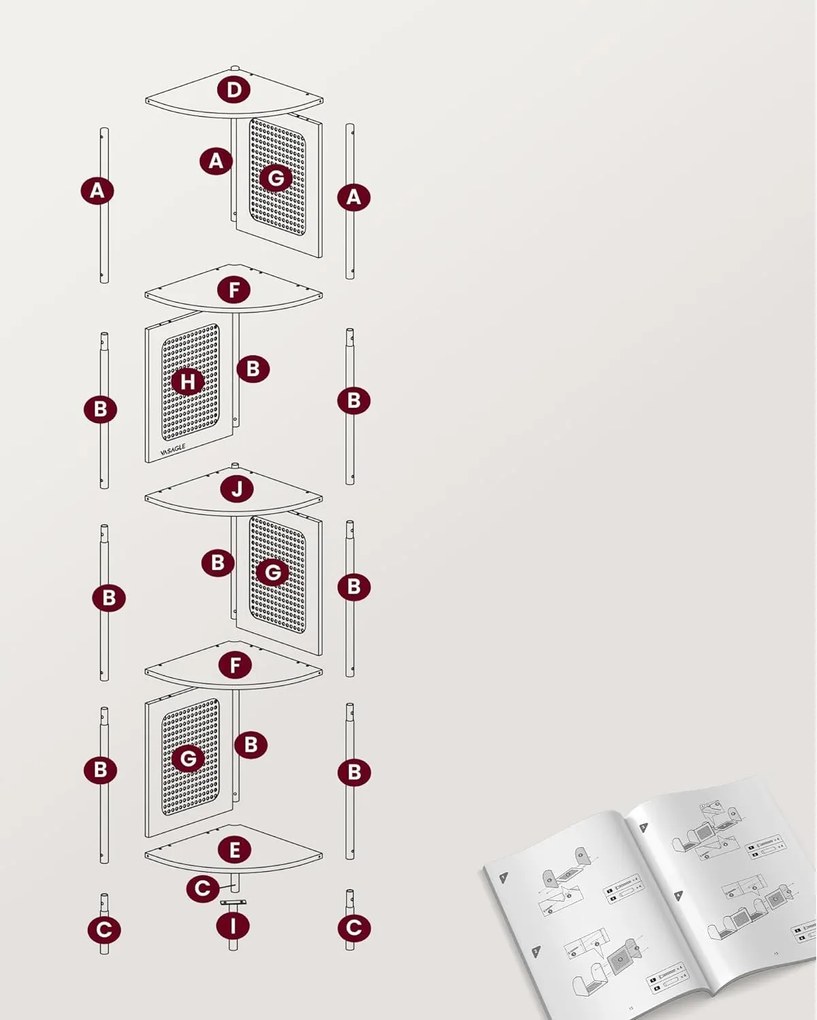 5-poschodová rohová polica, polica na knihy s polyratanovými stranami, svetlá béžová