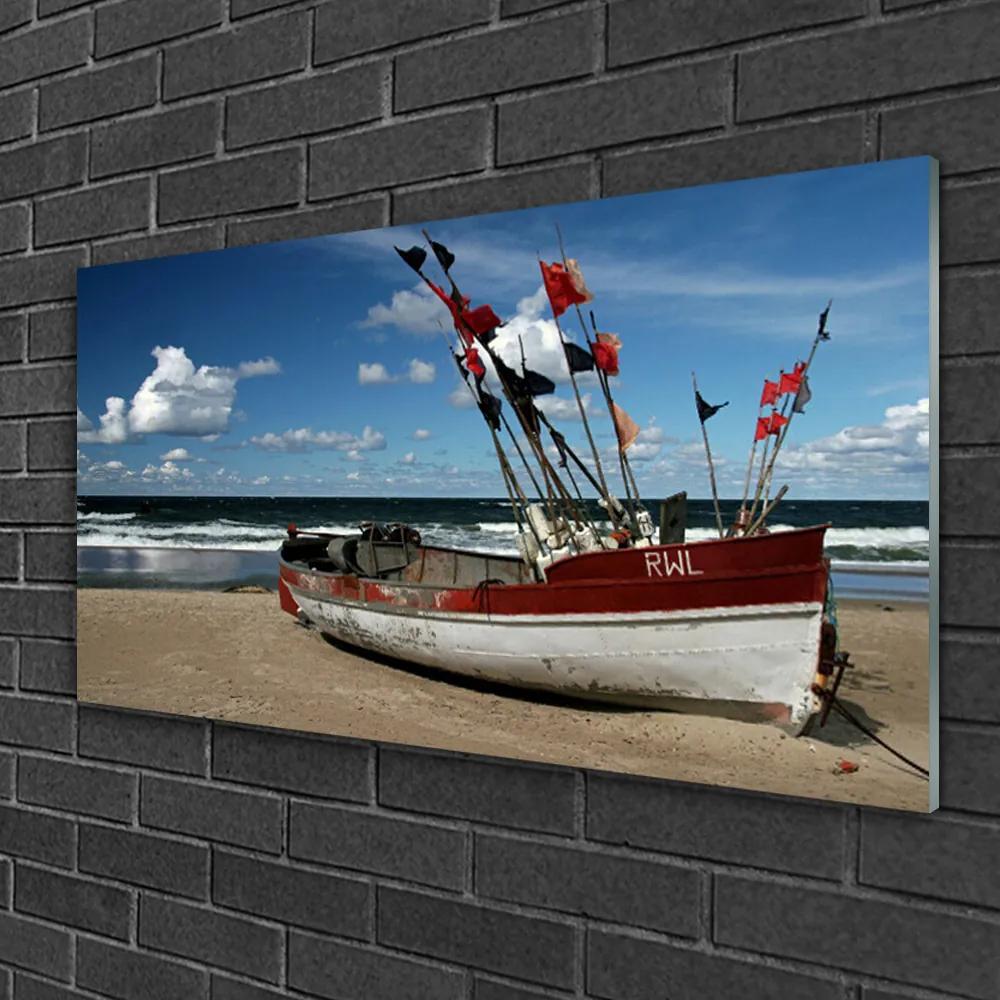 Obraz na skle More pláž loďka krajina 100x50 cm