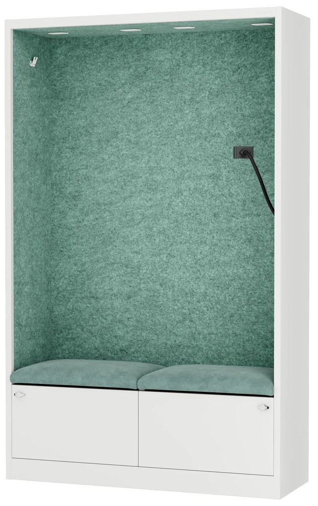 Kancelárska akustická kabína so sedadlom a portom USB-C, telo v biely farbe / sedadlo v zelenej farbe, 1150 mm: SALLY MentalBox