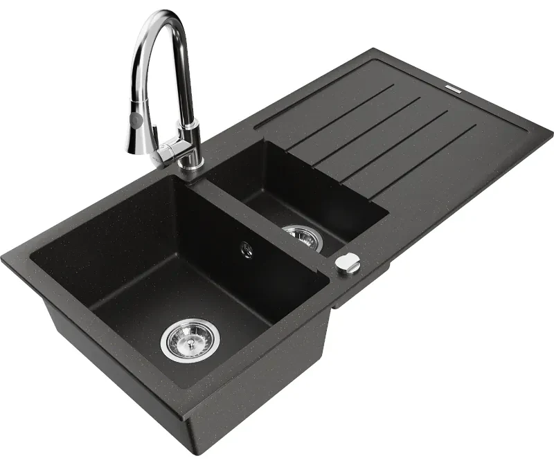 Mexen Andres, 1,5-komorový granitový drez 1000x500x200 mm a drezová batéria Elia, čierna-zlatá metalíza, 6515-75-670101-00