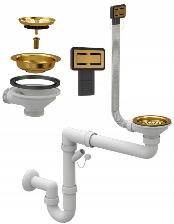Sink Quality Ferrum New 8010, 1-komorový granitový drez 800x500x210 mm + zlatý sifón, čierna, SKQ-FER.8010.BK.XG