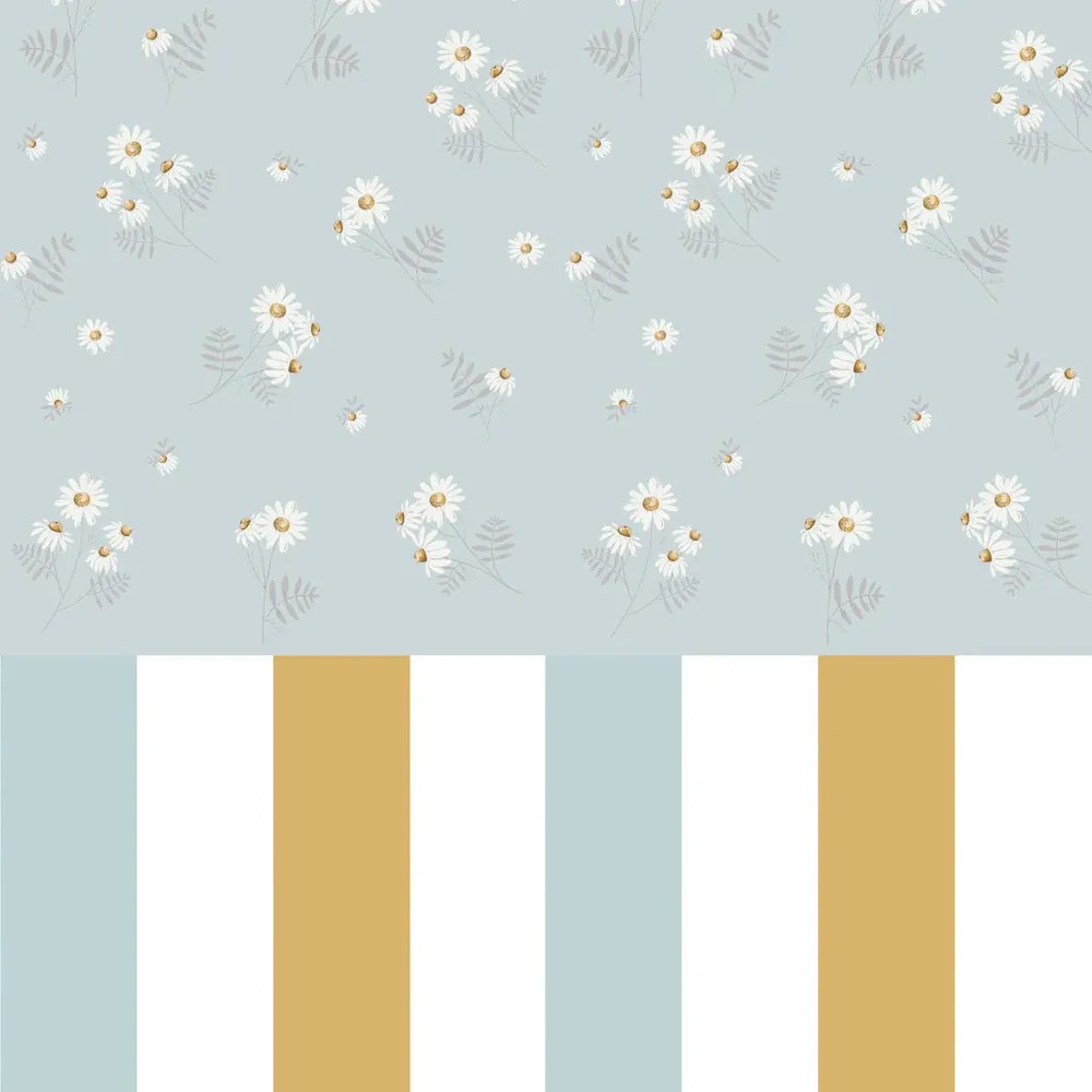 Tapeta harmanček modrá s farebnými pruhmi 280×100 cm