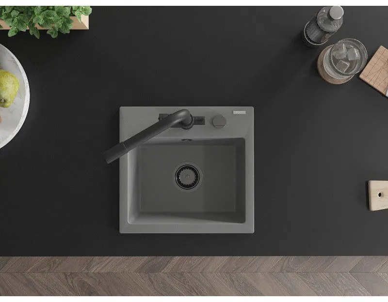 Mexen Milo, granitový drez 435x410x171 mm, 1-komorový a čierna batéria Duero, šedá, 6505-71-671600-70-B