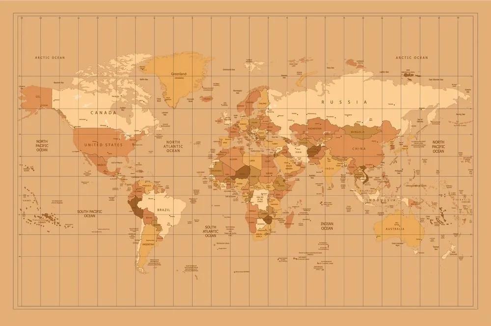 Tapeta mapa sveta v béžovom odtieni - 225x150