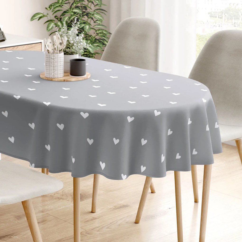 Goldea oválny obrus 100% bavlnené plátno - srdiečka na sivom 140 x 220 cm