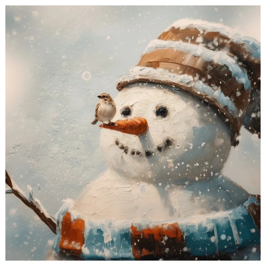 Vianočný obraz snehuliak a priateľ vrabec