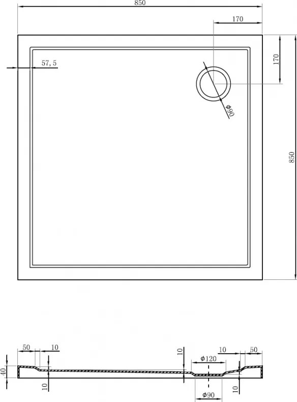 Mexen Flow Slim, štvorcová sprchová vanička 85 x 85 cm, čierna matná, 46S708585