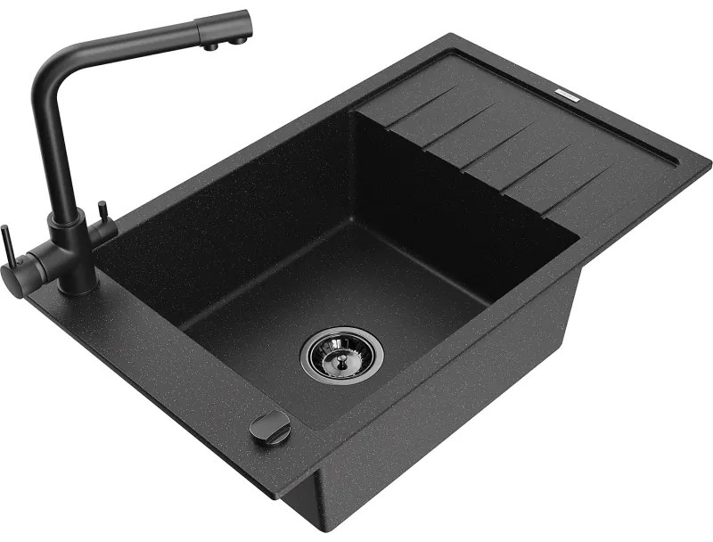 Mexen Elias, 1-komorový granitový drez s odkvapkávačom 795x480x200 mm a čierna batéria Duero, čierna - strieborná metalíza, 6511-73-671600-70-B