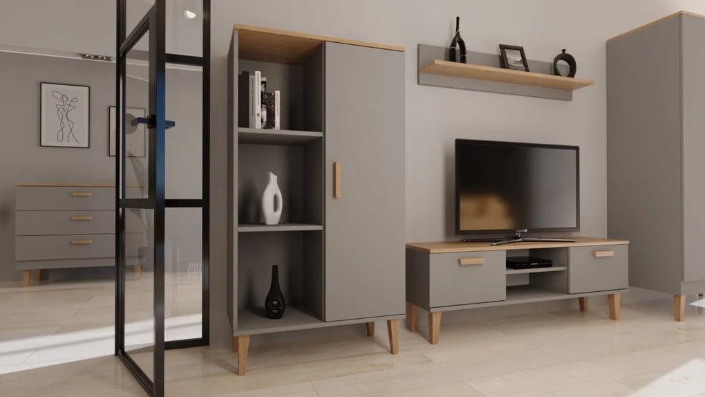 Vitrína DENVER 120 cm sivý/dub hickory