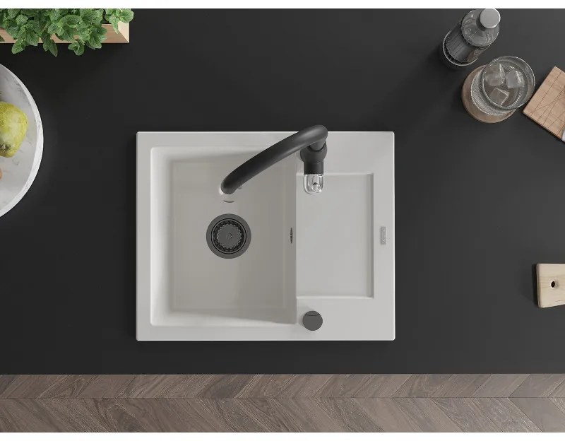 Mexen Enzo, 1-komorový granitový drez 576x465x174 mm a drezová batéria Savita, biela, 6506-20-672601-70