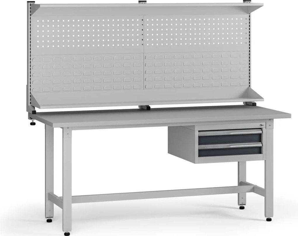Výškovo nastaviteľný dielenský stôl G5 s nadstavbou, 1800 x 750 x 800-1000 mm, 1x kontajner, 2 zásuvky, grafit