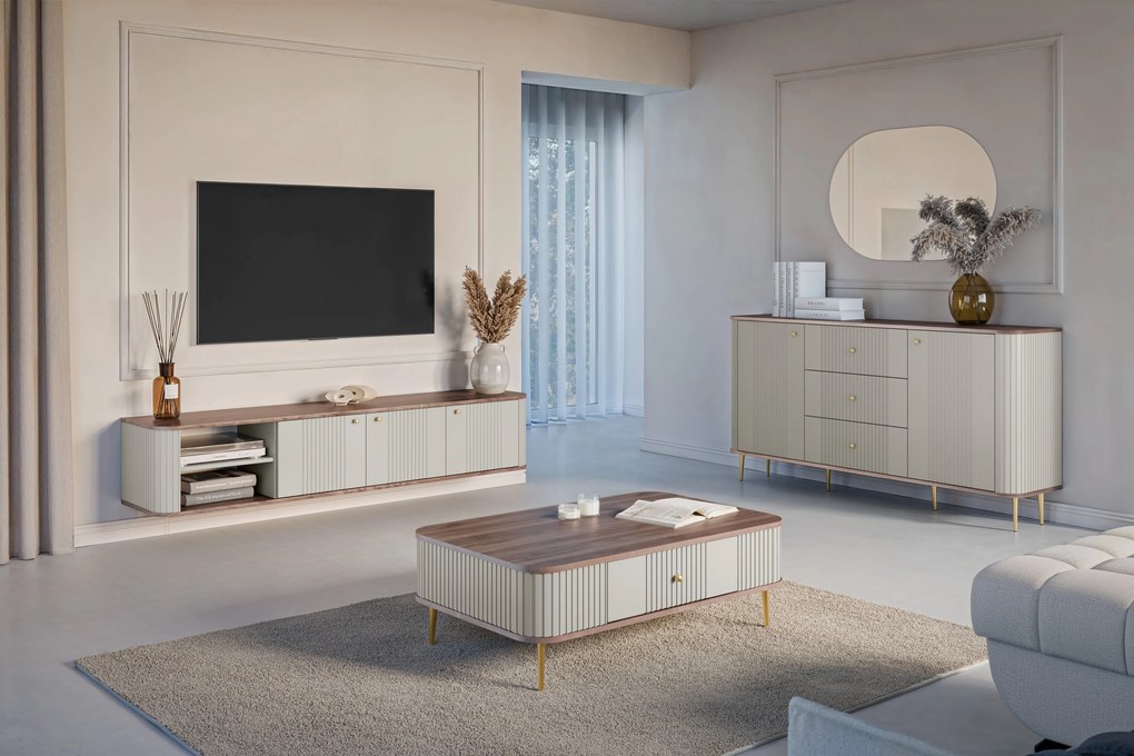 Závesná RTV skrinka Vesper 187 cm trojdverová - kasmír / orech / zlaté úchyty