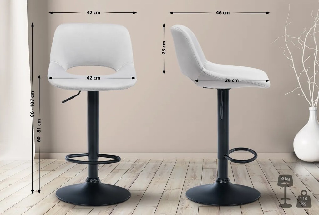 2x Barová stolička Camden - zamat, čierny rám - Svetlo sivá