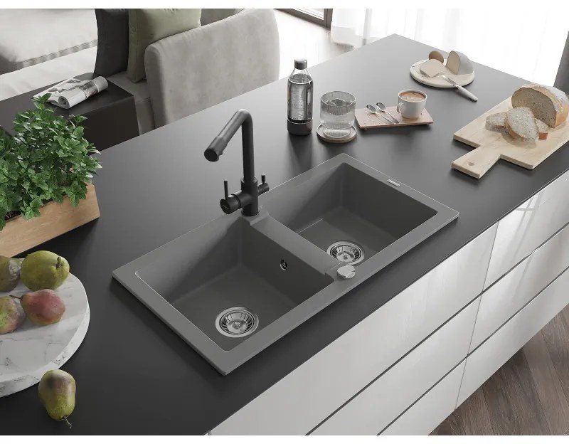 Mexen Mario, 2-komorový granitový drez 820x436x161 mm a čierna drezová batéria Duero, šedá, 6504-71-671600-70