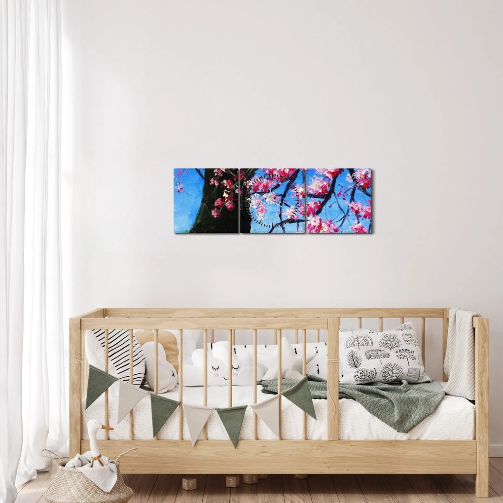 Obraz maľované rozkvitnuté čerešne (s hodinami) (90x30 cm)