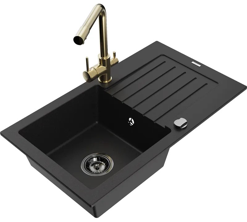 Mexen Pablo, granitový drez 752x436x161 mm, 1-komorový a zlatá batéria Duero, čierna, 6510-77-671600-50-B
