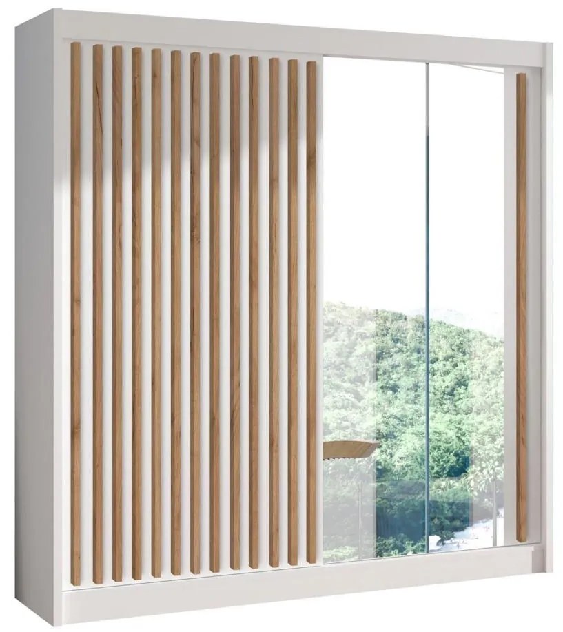 Šatníková skriňa so zrkadlom SANTINO 203x215 cm biela/dub craft
