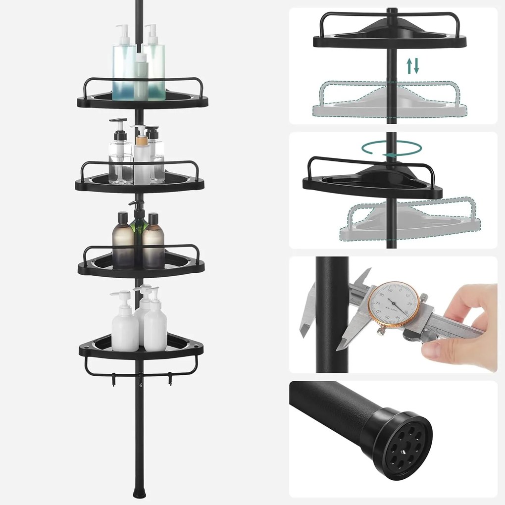 Sprchová rohová polička, 4-úrovňová nastaviteľná kúpeľňová polička, čierna