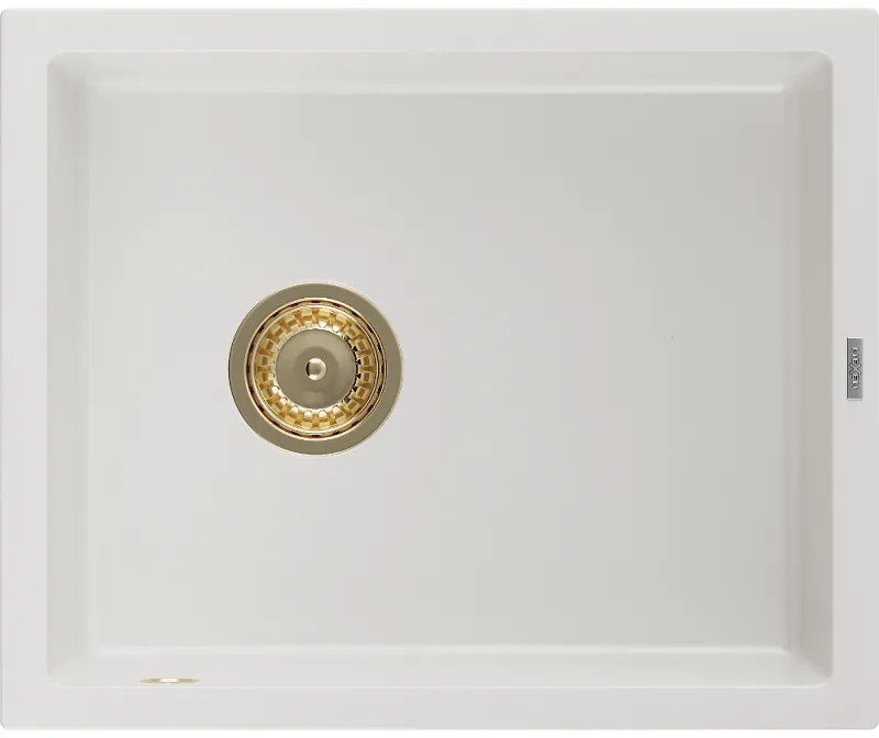 Mexen Pedro, granitový drez 560x460x200 mm, 1-komorový, biela so zlatým sifónom, 6508561000-20-G
