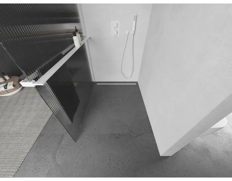 Mexen Kioto+ L, sprchová zástena Walk-In s poličkou a vešiakom 120 x 200 cm, 8mm sklo s rebrovým vzorom, biely profil, 800-120-123-20-09