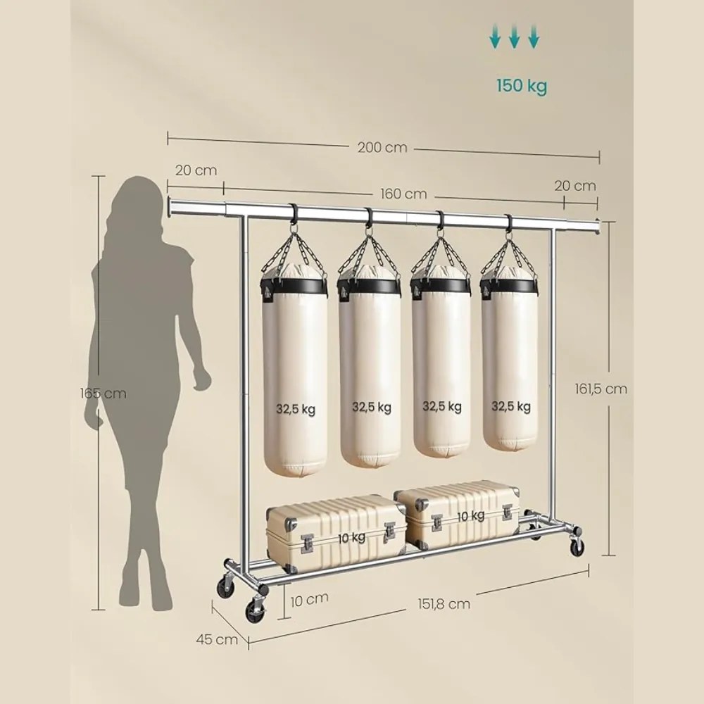 Stojan na oblečenie DOLLY na kolieskach, max. 150 kg, 45x160-200x161,5cm, strieborná SongmicsHome
