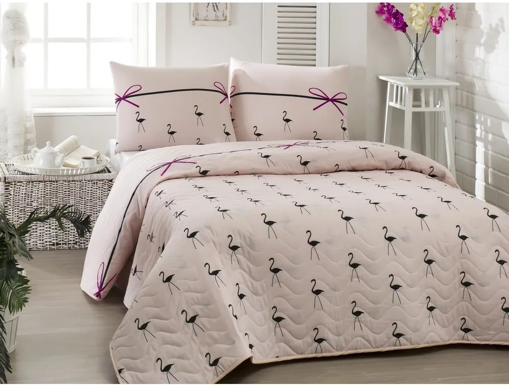 Ružová prešívaná ľahká prikrývka na dvojlôžko s obliečkami na vankúše Flamingo Powder, 200 × 220 cm