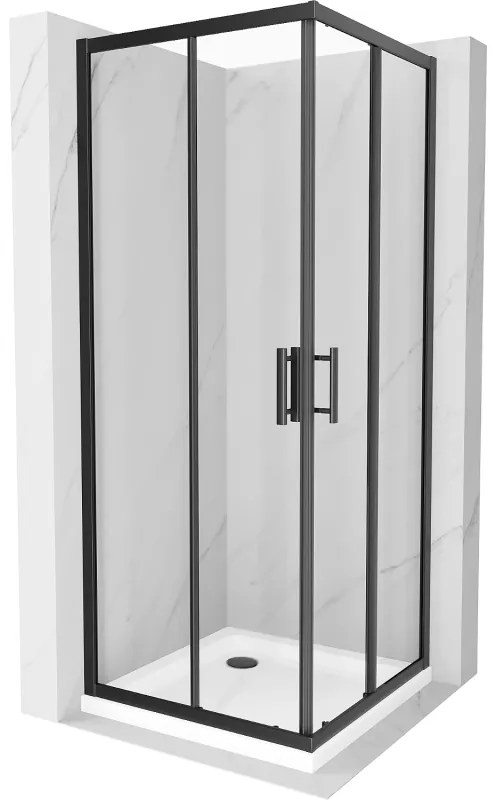Mexen Rio, štvorcový sprchovací kút s posuvnými dverami 90(dvere) x 90(dvere) x 190 cm, 6mm číre sklo námraza, čierny profil + biela sprchová vanička SLIM, 860-090-090-70-00-4010B