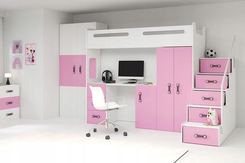 Interbeds MAX 4 poschodová posteľ 285x180 komplet + matrac + písací stôl + šatník ružovo-biela