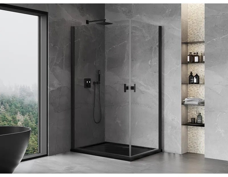 Mexen Mist-B Duo, 2-krídlový výklopný sprchový kút 85 x 80 cm, číre sklo, čierny profil, 8A2-085-080-70-00