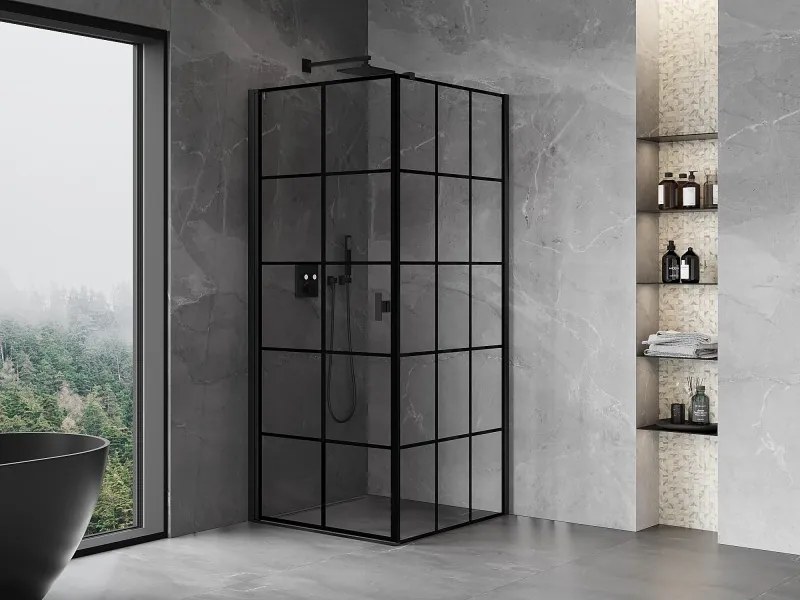 Mexen Mist-B, 1-krídlový výklopný sprchový kút, ľavý, 100 x 100 cm, číre sklo-čierna mriežka, 8A2T-100-100-70-77-L