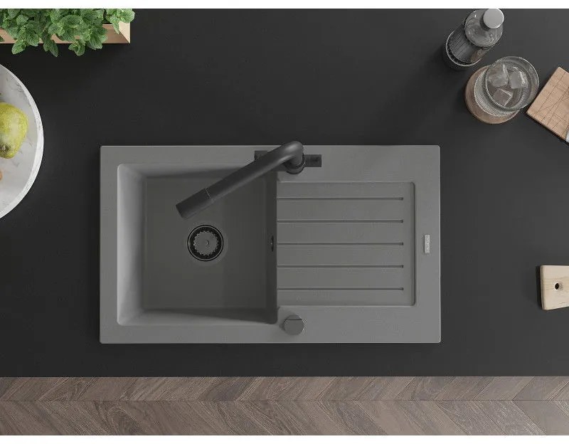 Mexen Pablo, granitový drez 752x436x161 mm, 1-komorový a šedá batéria Duero, šedá, 6510-71-671600-70-B