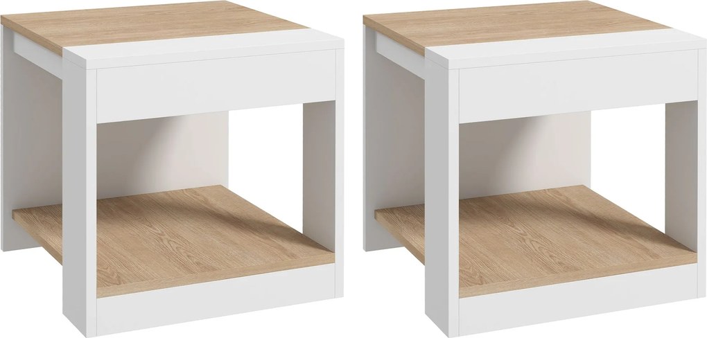 HOMCOM Set 2 Rustikálnych Drevených Stolíkov Z Postele na Vybavenie Obývacej Izby a Spálne 40 x 40 x 45 cm Biele a Prírodné | Aosom