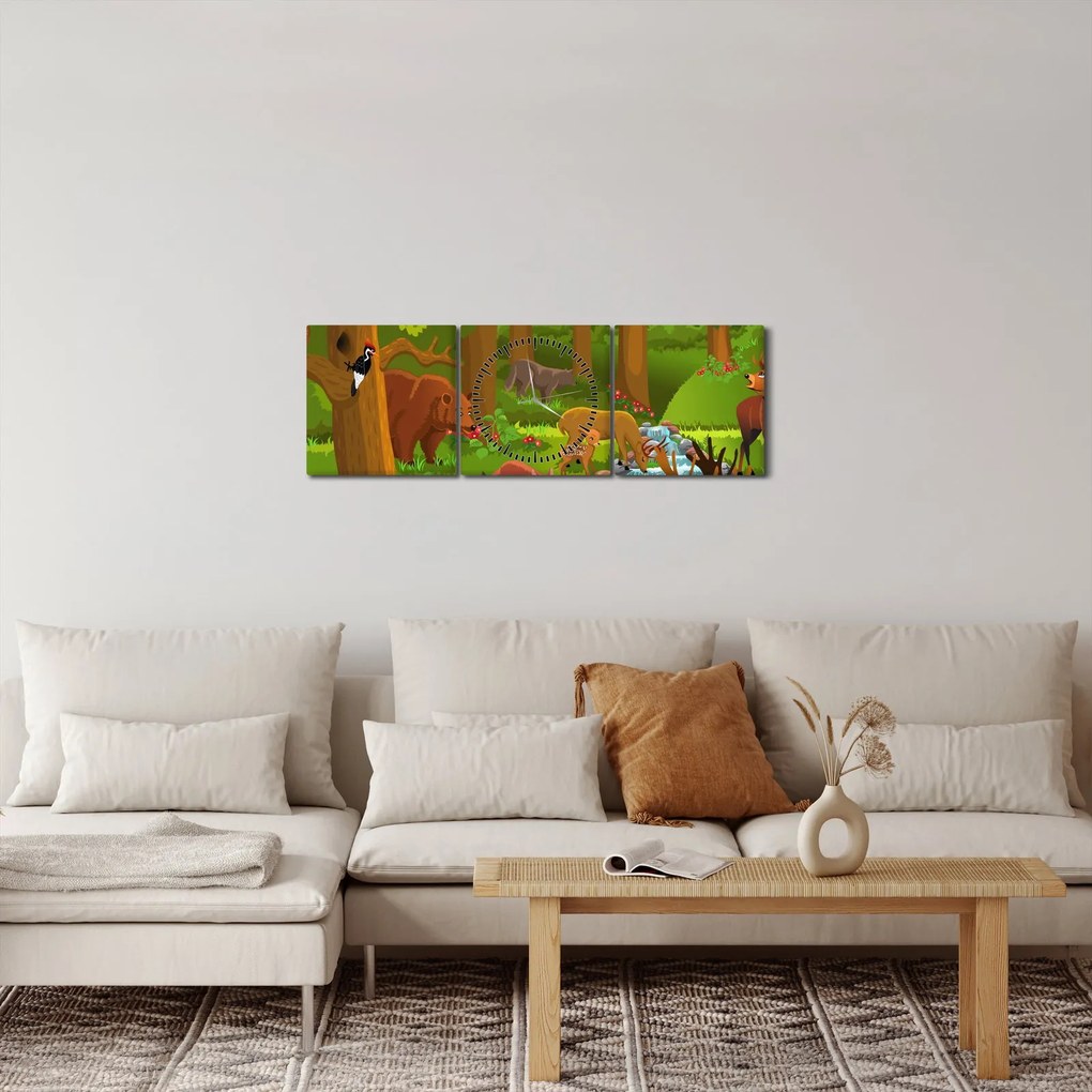 Detský obraz so zvieratkami (s hodinami) (90x30 cm)