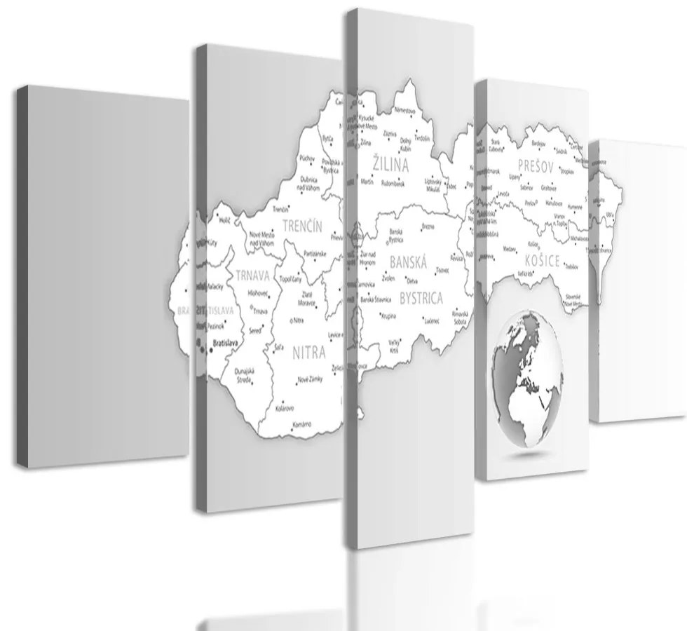 5-dielny obraz podrobná mapa Slovenska v čiernobielom prevedení