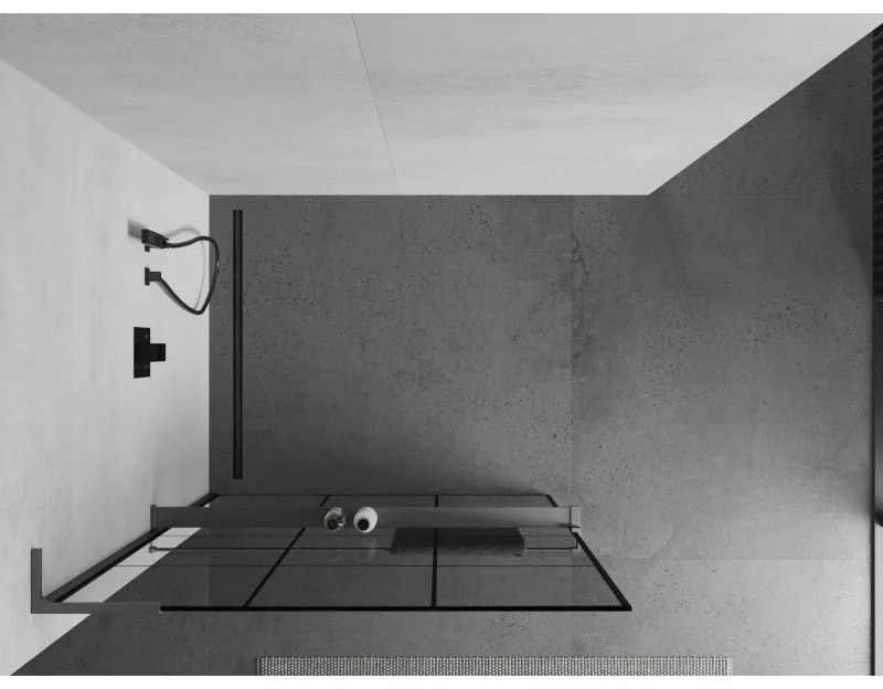 Mexen Kioto+ L, sprchová zástena Walk-In s poličkou a vešiakom 120 x 200 cm, 8mm číre sklo čierny vzor, grafitový profil, 800-120-123-95-77