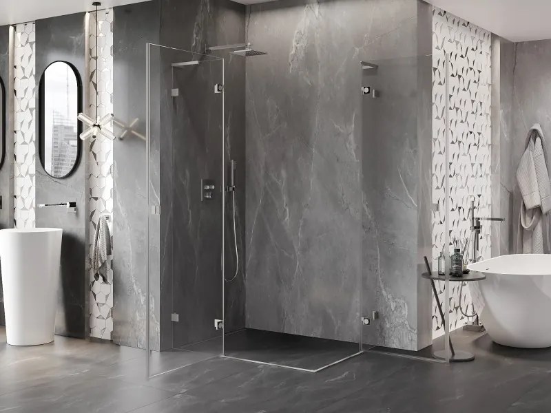 Mexen Lunar, L Duo výklopný sprchový kút 95 x 85 cm, 8mm číre sklo, oceľový profil, 834L-095L-085P-97-00
