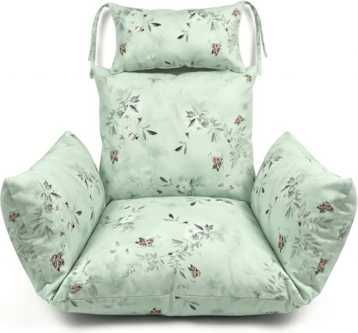 Biele závesné kreslo KOKON so stojanom, svetlozelený vankúš so vzorom