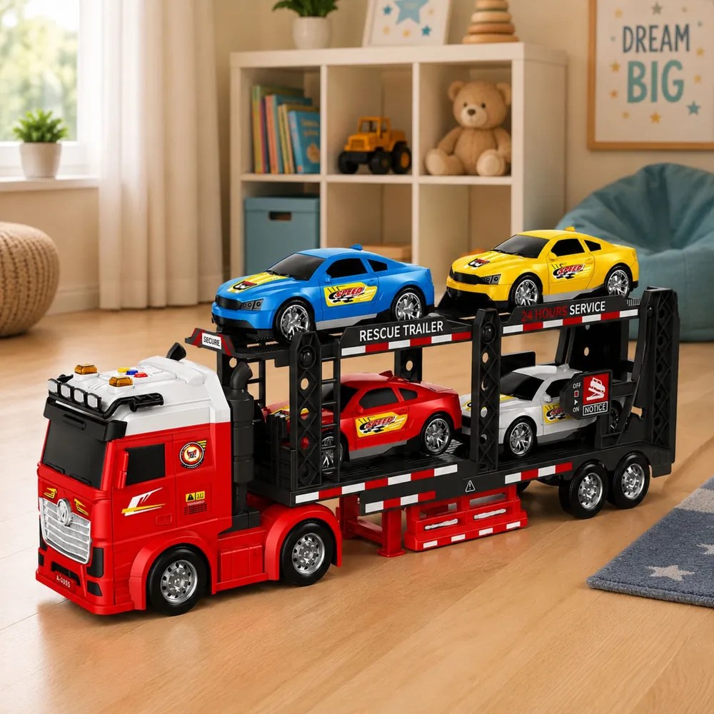 LEAN Toys Nákladné auto Lora Transporter s odťahovkou pre 4 autá, svetlá a zvuky