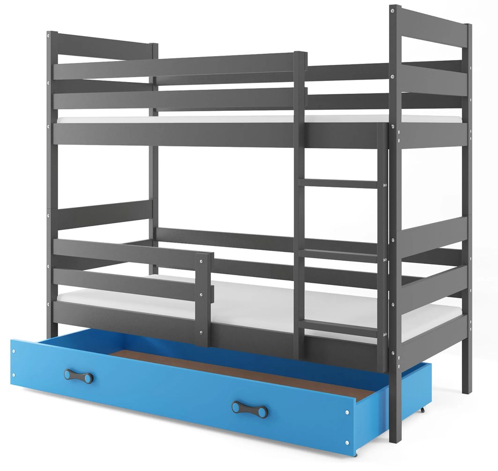 Poschodová posteľ 90 x 200 cm Eril B (grafit + modrá) (s roštami, matracmi a úl. priestorom). Vlastná spoľahlivá doprava až k Vám domov. 1056577