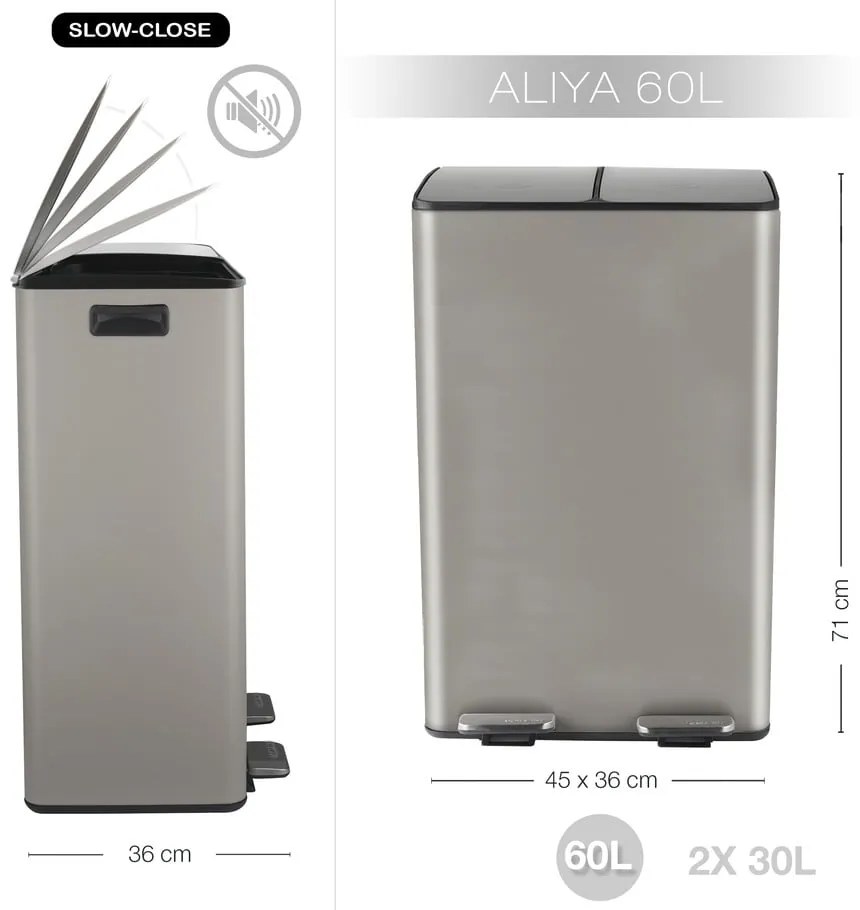 Taupe oceľový odpadkový kôš 2x30 l na triedený odpad/nášľapný Aliya – Spirella