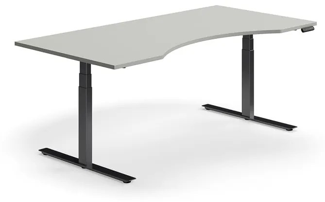 Výškovo nastaviteľný stôl QBUS, s výrezom, 2000x1000 mm, čierny rám, svetlošedá