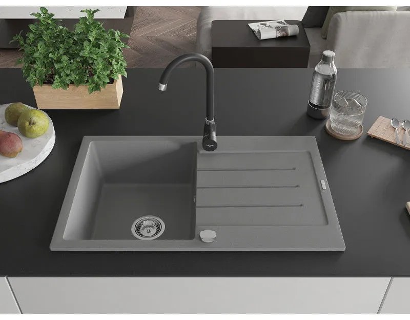 Mexen Bruno, 1-komorový granitový drez s odkvapkávačom 795x495x200 mm a čierna kuchynská batéria Telma, šedá, 6513-71-670200-70