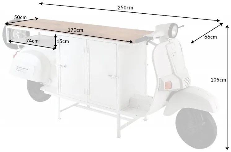 (3870) SCOOTER barový stôl v tvare skútra 250 cm mango/biela